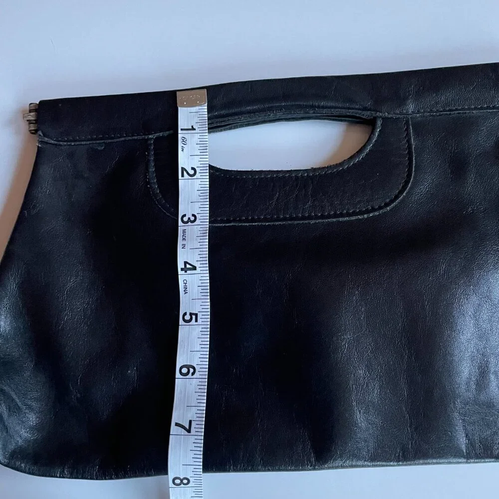 Vintage Black Genuine Leather Double Hinged Clutch with Cut Out Handle